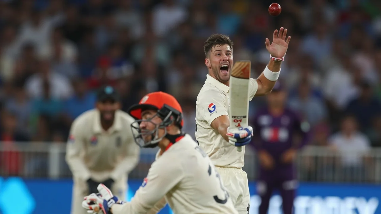 Hundred Men's batter in batting stance with the ball arriving at the crease under stadium lights during a competitive match