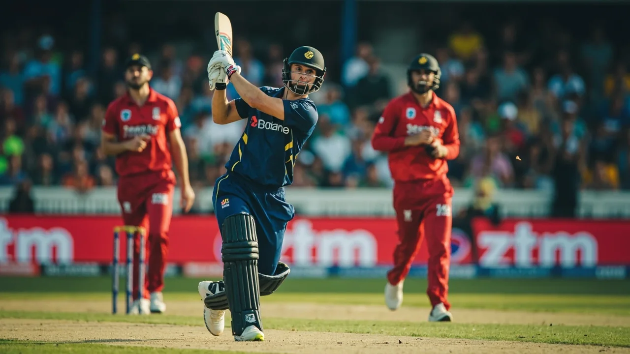 Fielding captain pointing to a field position during a Hundred match with bowler and batter at the crease under floodlights