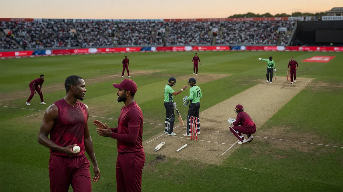 Maroon-kit fielders confer near the square while green-kit batters meet at the crease in a packed dusk stadium