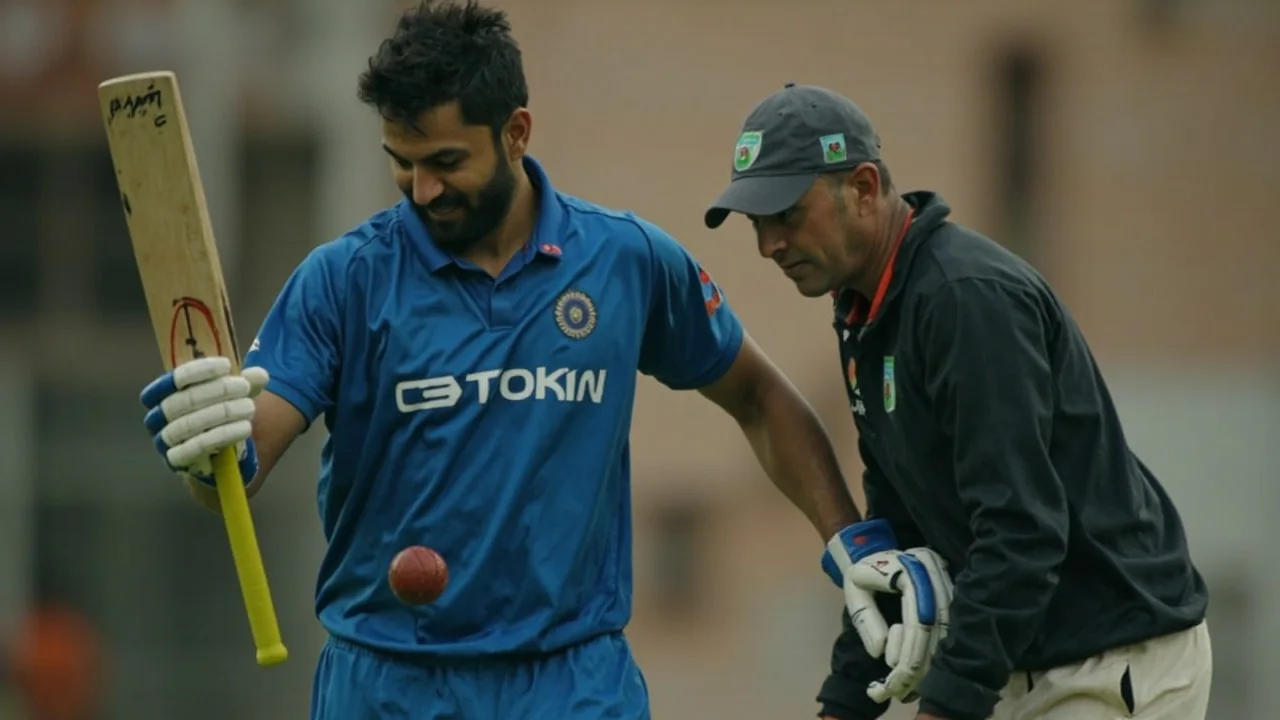 Medium editorial frame of a dry, cracked red-ball pitch with rough outside the right-hander's off stump, the kind of surface that selectors have flagged as the reason for the Sarfaraz Khan recall